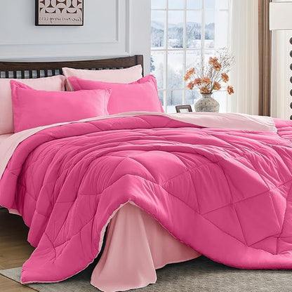 HEVUMYI Hot Pink & Baby Pink Twin Comforter Set - 5-Piece All Season Bed in a Bag Twin, Ultra Soft Bedding Set with Comforter, Flat Sheet, Fitted Sheet, Pillowcases, Pillow Shams