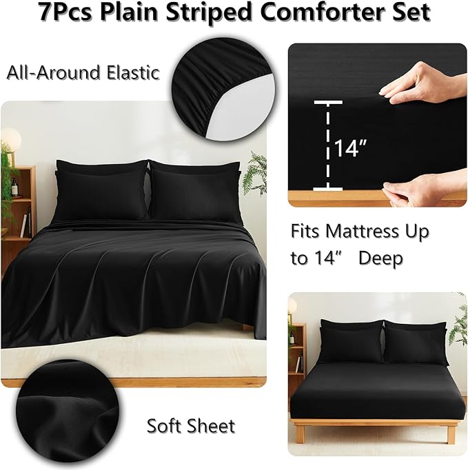 CozyLux King Size Comforter Set Black - 7 Pieces Striped Seersucker Bed in a Bag, Soft Lightweight Boho Bedding Set with All Season Comforters King Size, Sheets, Pillowcases & Shams
