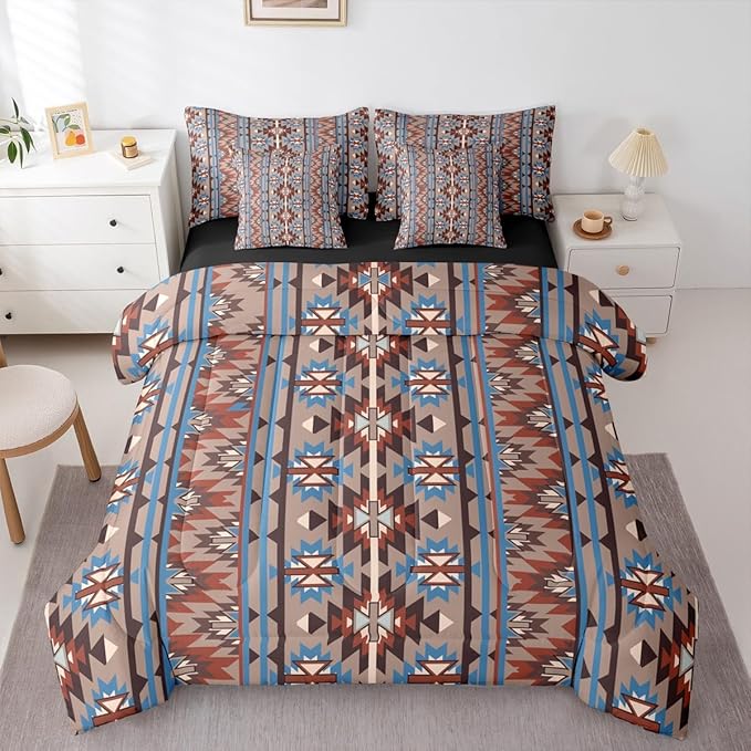 Erosebridal Aztec Bed in A Bag Queen 7 Pcs Ethnic Tribal Western Comforter Set Retro Southwest Native Bohemian Bedding Sets Exotic Nordic Style Sheet Set with Comforter Vintage Room Decor