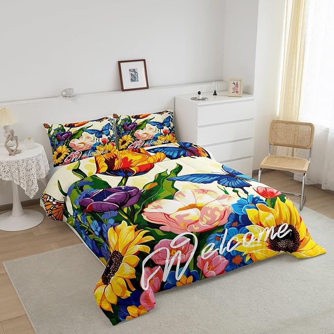 Erosebridal Watercolor Flowers Down Comforter Queen Sunflower Butterfly Comforter Set Retro Rustic Garden Style Floral Bedding Set for Teen Girls Women Boho Exotic Blossom Quilt Duvet 3 Pcs