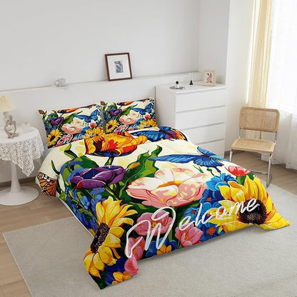 Erosebridal Watercolor Flowers Down Comforter Queen Sunflower Butterfly Comforter Set Retro Rustic Garden Style Floral Bedding Set for Teen Girls Women Boho Exotic Blossom Quilt Duvet 3 Pcs