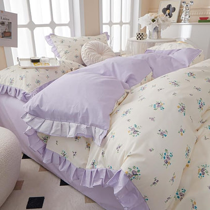 HighBuy Ruffle Comforter Set Queen Boho Chic Purple Flower Bedding Set Coquette Cottagecore Aesthetic Lace Comforter with 2 Pillow Shams for Women Girl,Fluffy Cozy Floral Ruffled Comforter Set