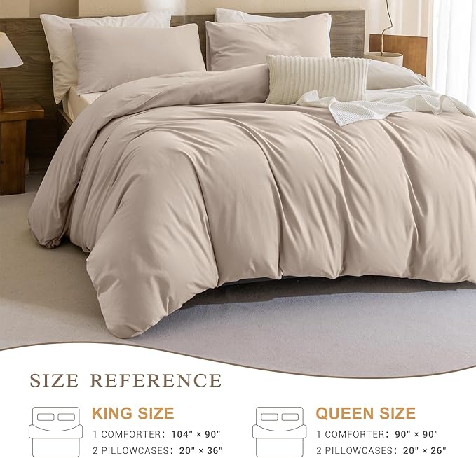 CozyTide King Size Comforter Set,Washed Cotton Boho Bedding Comforter Set Soft Lightweight Fluffy Aesthetic Bedding Set 3 Pieces(1 Beige Khaki Comforter and 2 Pillowcases)