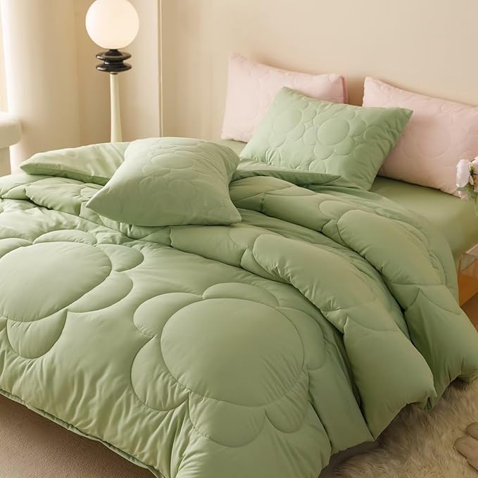 Cottonight Sage Sunflower Comforter Set - Queen Size, Light Green Floral Bedding Set - Women's Boho Farmhouse Chic Blanket & Quilts - Soft, Breathable, Grass Green Printed 3 Piece Set