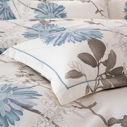 Cotton Comforter Twin Size Set – White Blue Floral Brown Leaf Bedding, Soft & Breathable Comforter, All-Season Down-Alternative Filling, 1 Comforter & 1 Pillow Sham