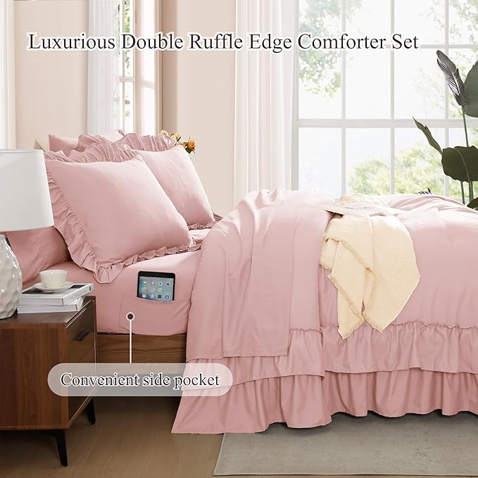 Queen Comforter Set Soft Pink, Ruffle Shabby Chic Bedding Set Farmhouse 7 Pieces, All Season Fluffy Bed in a Bag with Sheets, Pillowcases & Shams