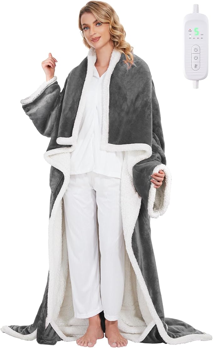 Portable Heated Blanket - Wearable Heated Blanket Throw with Foot Pockets, Sleeves Flannel Sherpa Wearable Blanket 8 Heating Levels & Timer Snuggle Blankets for Home Office - Heated Robe 50*70"