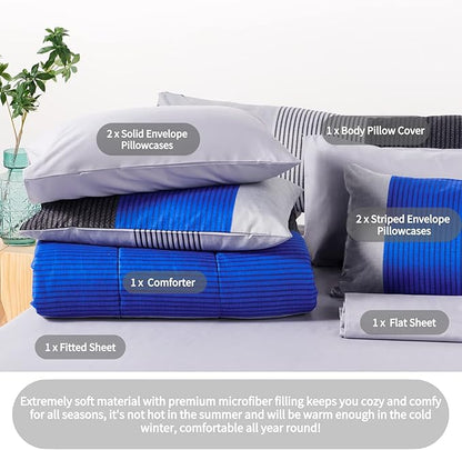 RYNGHIPY 8Pcs Blue and Grey Stripe Comforter Set Queen Size, Ultra Soft Microfiber Filling Patchwork Comforter Duvet, Bed Sheets and Pillowcases (Queen,Blue Grey)