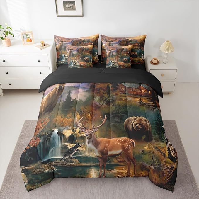 Erosebridal 7 Pieces Deer Bear Hunting Comforter Set Rustic Cabin Lodge Bedding Set Twin Size for Kids Teens Adults Country Farmhouse Woodland Animal Quilt Sets Antler Moose Bear Bed in A Bag
