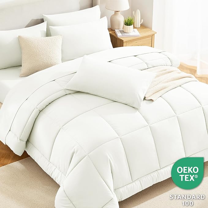 CozyLux King Size Comforter Set Ivory - 7 Pieces Bed in a Bag, Cream Off White Comforter King Size, Bedding Sets with All Season Quilted Comforter, Flat Sheet, Fitted Sheet, Pillowcases