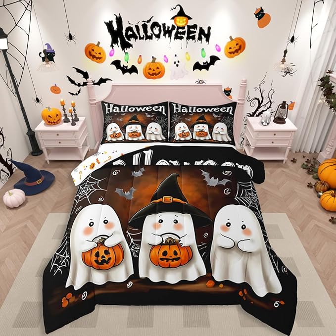 Erosebridal Boys Halloween Queen Comforter Set, Ghost Holding Pumpkin Bedding Set, Halloween Ghost with Wizard Hat Comforter, Bat Cobweb Black Quilt with 2 Pillowcases for Kids Girls Teens Bedroom