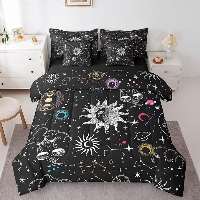 Erosebridal Sun and Moon Comforter Set 7 Piece King Size Bohemian Stars Galaxy Bedding Sets for Kids Girls Boys Trippy Outer Space Bed in a Bag Planet Constellation Pattern Soft Microfiber Top Sheet