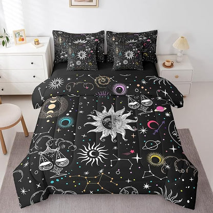 Erosebridal Sun and Moon Comforter Set 7 Piece King Size Bohemian Stars Galaxy Bedding Sets for Kids Girls Boys Trippy Outer Space Bed in a Bag Planet Constellation Pattern Soft Microfiber Top Sheet