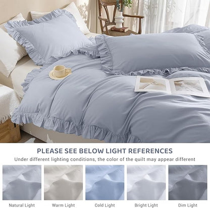 Sanracie Ruffled Bedding Comforter Sets King Size, Cotton Comforters Set 3Pcs for All Season Cornflower Blue Shabby Boho Chic Bedding French Country Farmhouse Rustic Aesthetic Bedroom Sets