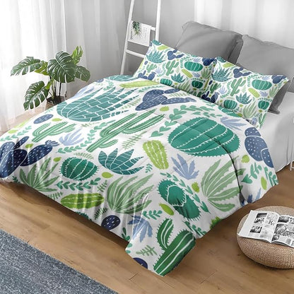 Comforter Set Full Size, Green Plants Desert 3 Pcs Soft Bedding Set for Kids and Adults, Cactus Flower Summer Comforter Set with 2 Pillowcases, for Bedroom Bed Decor