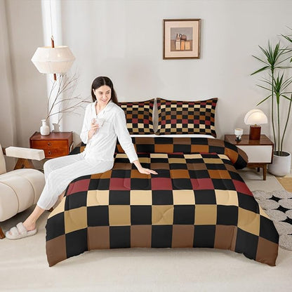 Checkered Retro Kids Comforter Set Full Size Brown Red Black Plaid Bedding Set Geometric Vintage Duvet Quilt for Kids Boys Girls Bedroom Modern Simple Groovy Aesthetic Decor