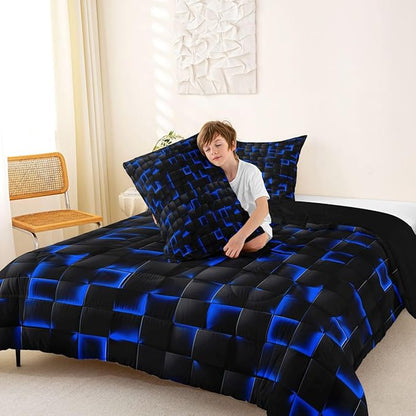 Erosebridal Neon Black Blue Boys Comforter Set Full Size Geometric Checkered Kids Bedding Set Teen Men Gaming Room Decor,Abstract Ombre Plaid Comforter Grids Quilt Duvet