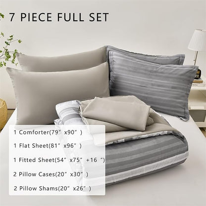 KAKIJUMN 7 Piece Bed in a Bag Stripe Comforter Set Full Size, White Grey Patchwork Striped Comforter and Sheet Set, All Season Soft Microfiber Complete Bedding Set(Light Grey,Full)