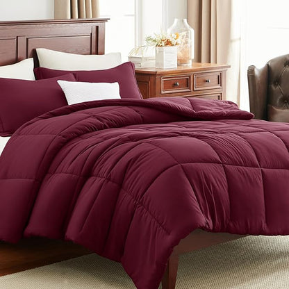 CozyLux Queen Comforter Set - Burgundy Comforters Queen Size, 3 Pieces Box Stitched Bed Set for All Seasons, Soft Lightweight Bedding Sets with 1 Down Alternative Comforter and 2 Pillow Shams
