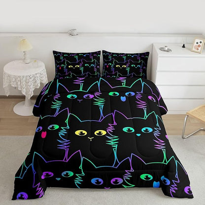 Erosebridal Girls Bedding Cartoon Cat Comforter Set Queen Size,Gradient Line Cute Cat Bedding Set for Kids Teens Boys Young Man Room Decor,Lovely Animal Kitten Print Comforter All Season,Rainbow Black
