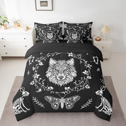 Wild Wolf Comforter Set in a Bag 7 Pieces,Gothic Moth Animals Skeleton Bed Set Twin,Weed Floral Black White Bedding Sets,(1 Comforter,2 Pillowcase,2 Pillow Covers,1 Flat Sheet,1 Fitted Sheet)