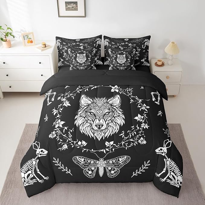 Castle Fairy Wild Wolf Bedding Set 7 Pieces King,Gothic Moth Animals Skeleton Comforter Sets for Girl Boy Bedroom,Weed Floral Black White 7pcs Bed in a Bag with Comforter,Sheets and Pillow Cases