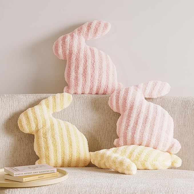 Easter Bunny Shaped Cute Throw Pillow, Decorative Stuffed Bunny Pillow for Bed and Couch, Cotton Pillow with Sherpa and Fluff, Yellow and White Throw Pillow for Girl Room Decor Bedroom, 13x15.75in