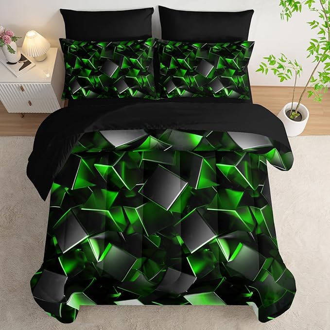 Black and Green Geometric Comforter Set King Size 7PCS,Abstract Triangular Printed Bedding Set for Adults,Geometric Mordern Art Decor All Seasons with Pillowcases,Flat, Fitted Sheet