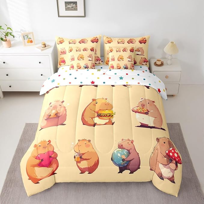 Erosebridal Funny Capybaras 7 Pieces Bedding Set Twin,Capybara Lover Bed in a Bag,Cartoon Rodents Bed Set Includes Comforter,Sheet Set,Pillowcases & Pillow Covers,Yellow Khaki Capybara Bedroom Decor