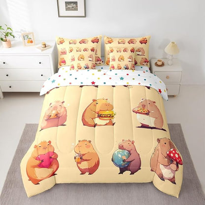 Erosebridal Funny Capybaras 7 Pieces Bedding Set Twin,Capybara Lover Bed in a Bag,Cartoon Rodents Bed Set Includes Comforter,Sheet Set,Pillowcases & Pillow Covers,Yellow Khaki Capybara Bedroom Decor