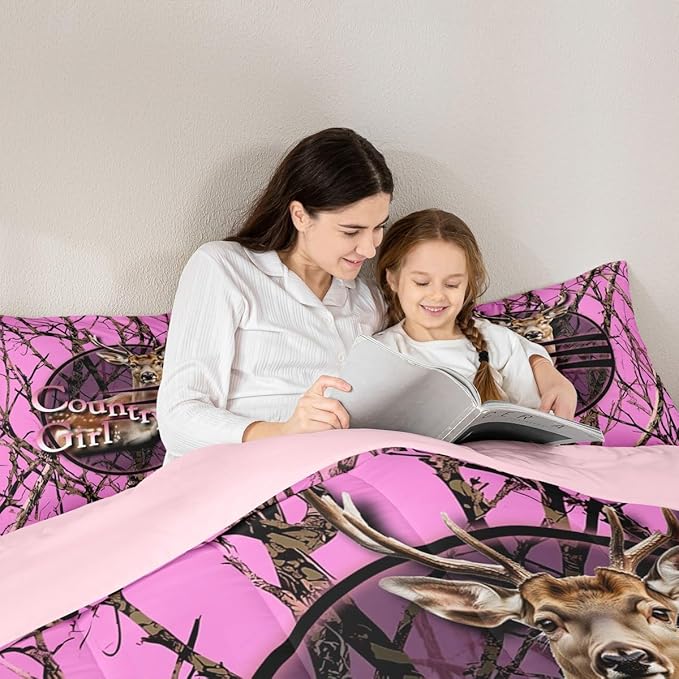 Erosebridal Camo Hunting Deer Full Bedding Set,Pink Camouflage Hunter Comforter Set for Girls Boys Kids,Rustic Cabin Lodge Comforter,Tree Branch Bedroom Decor with 2 Pillowcases,All Season