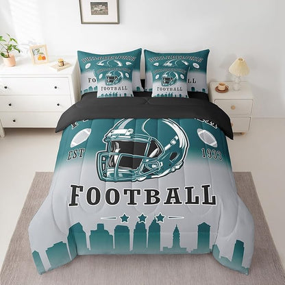 Erosebridal Football Comforter Set with Sheets American Soccer City Twin 7 Piece Bedding Set for Kids Teen Adults,Rugby Sports Green Grey Bed in A Bag Sports Competitive Games Bed Set