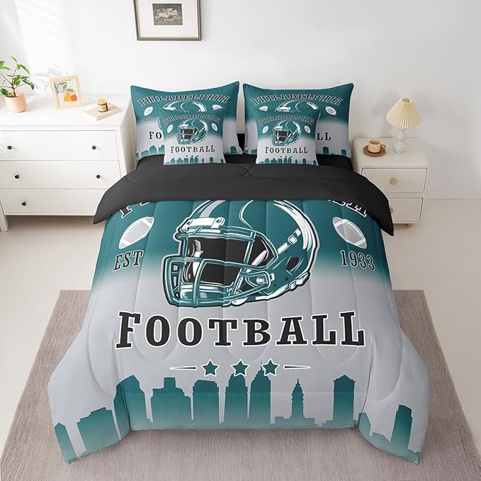 Erosebridal Football Comforter Set with Sheets American Soccer City King 7 Pcs Bedding Set for Kids Teen Adults,Rugby Sports Green Grey Bed in A Bag Sports Competitive Games Bed Set