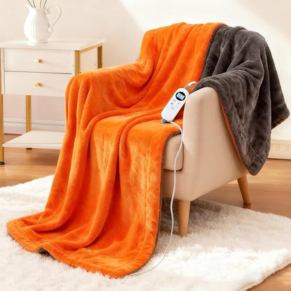 Electric Heated Blanket Throw 50" x 60" Soft Dual-Sided Flannel Fast Heating 12 Heat Levels 1–12H Timer & Overheat Protection & Auto Shut-Off & Machine Washable (Orange)