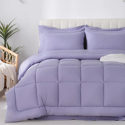 DOWNCOOL King Size Comforter Set, 7Pcs Bedding Comforter Sets Purple, All Season Down Alternative Bedding Comforter Sets with Comforter, Flat Sheet, Fitted Sheet, 2 Pillow Shams & 2 Pillowcases