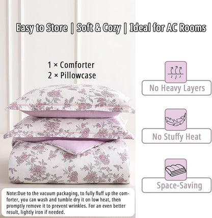 Pink Floral Cotton Comforter King Size 3PC - Vintage Romantic Botanical on Soft White with Smoky Pink Floral Reverse – Cozy Reversible Lightweight Comforter Set with Soft Fill(104"×90")