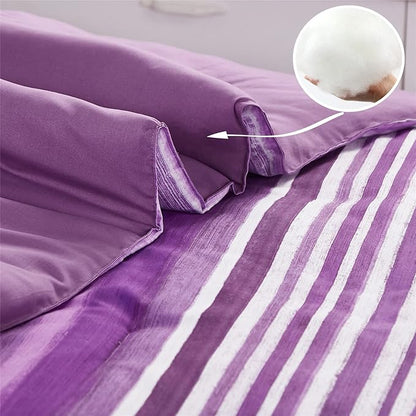 KAKIJUMN 7 Piece Bed in a Bag Stripe Comforter Set Full Size, White and Purple Patchwork Striped Comforter and Sheet Set, All Season Soft Microfiber Complete Bedding Sets(Purple,Full)