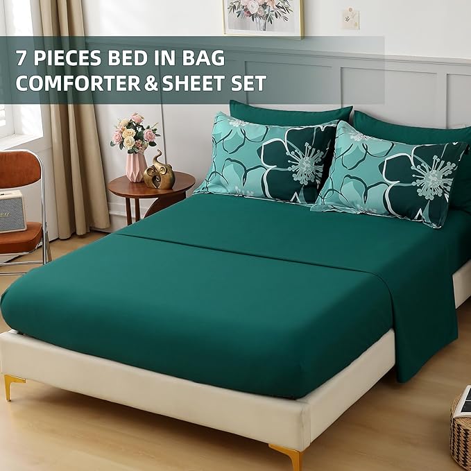 Anibedding 7Pieces Dark Green Floral Comforter Set King Size, Soft Microfiber Green Bed in a Bag Comforter Set with Sheets for All Season