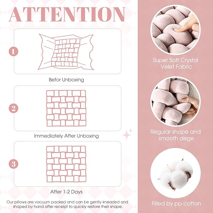 Wenqik 2 Pcs Knot Pillows Square Knotted Plush Throws Soft Accent Pillows Decoration Cushion for Couch Home Office Living Room Bedroom Bed Sofa Decor, 12'' x 13''(Haze Pink,Crystal Velvet)