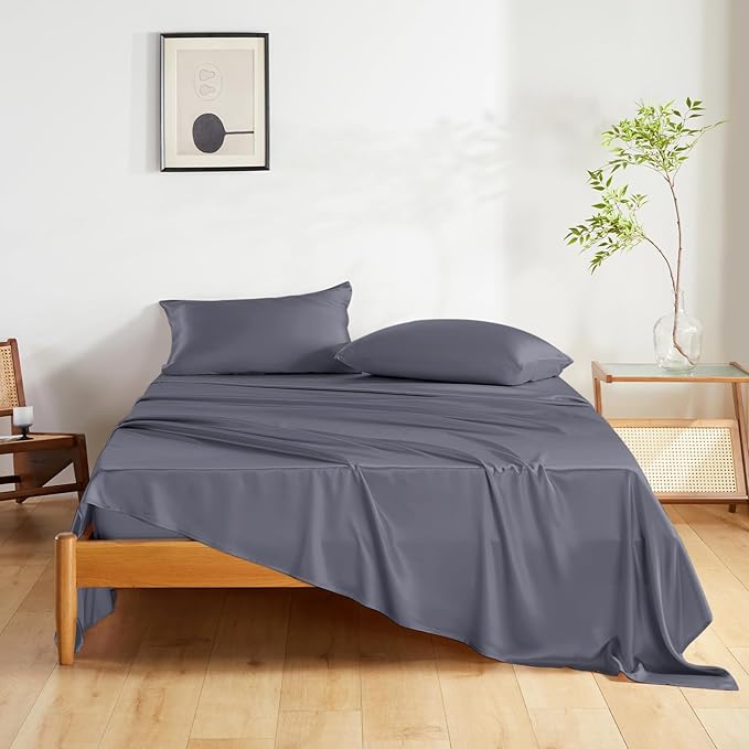 THXSILK Silk Sheet Set 3 Pcs, Twin XL Size Sheet Set, Soft Breathable Cooling Bed Sheets with 1 Flat Sheet, 1 Fitted Sheet, 1 Pillowcase with Zipper Closure, Blue Grey