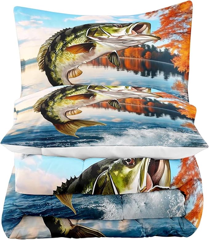 LUVIVIHOME 3PCS Fishing Comforter Set Full Size, Bass Fish Bedding for Kids Teens Boys, Lake Forest Wildlife Animal Country Rustic Farmhouse Hunting Bedroom Decor Soft Microfiber Quilt, 2 Pillow Shams