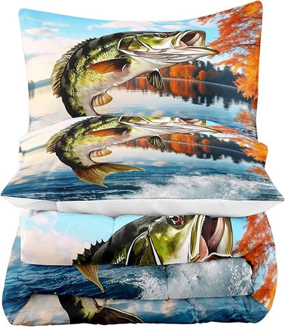 LUVIVIHOME 3PCS Fishing Comforter Set Full Size, Bass Fish Bedding for Kids Teens Boys, Lake Forest Wildlife Animal Country Rustic Farmhouse Hunting Bedroom Decor Soft Microfiber Quilt, 2 Pillow Shams