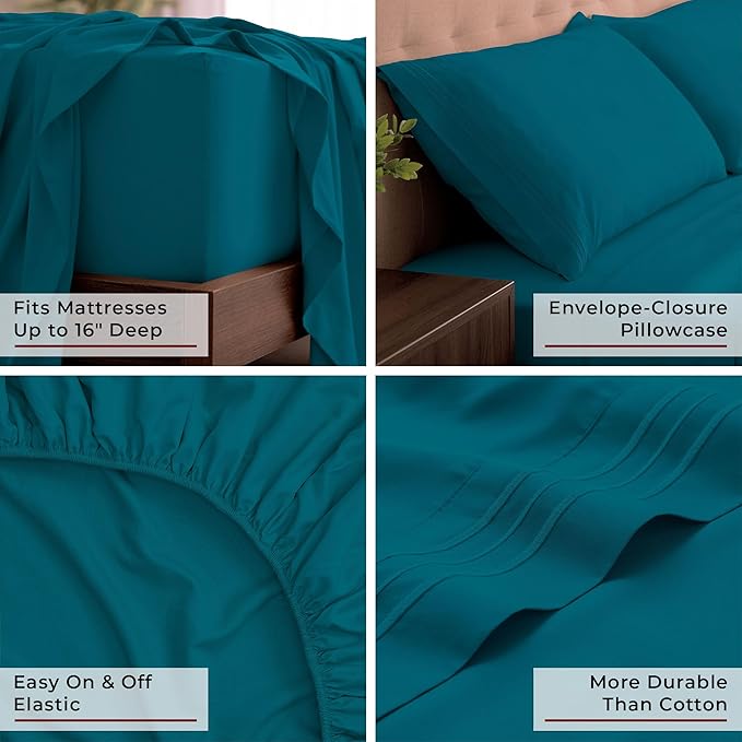 Mellanni King Sheets Set - 4 PC Iconic Collection Bedding - Hotel Luxury, Extra Soft, Cooling Bed Sheets - Wrinkle, Fade, Stain Resistant (King, Teal)