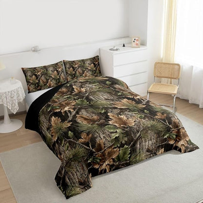 Erosebridal Camo Hunting Comforter Set King Size Rustic Camouflage Bedding Set for Adutls Men Women Woodland Cabin Tree Leaves Comforter Camping Farm House Quilt Bedroom Decor