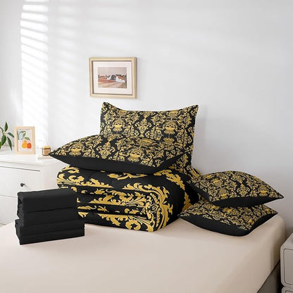 Sugar Skull Bed in a Bag King Size Comforter Set 7 Pieces,Gothic Bedding Set,Black Yellow Damask Bohemian Vintage Floral Comforter and Sheet Set,Goth Skeleton Antique Victorian Baroque Decor