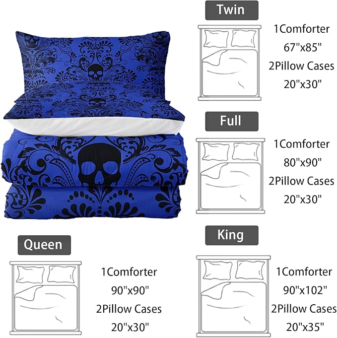 Adults Blue Gothic Comforter Set King Size,Vintage Damask Floral Bedding Set 3Pcs,Bohemia Bedding Set Goth Skull Printed Quilted Set for Teens Adult with 1 Comforter and 2 Pillowcase