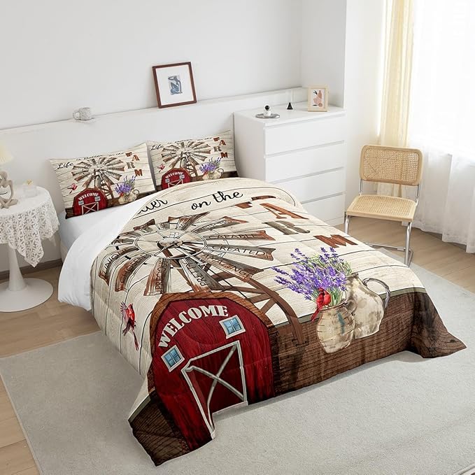 Erosebridal Western Farmhouse Quilt Bedding Sets Full Country Rustic Comforter Set for Cabin Lodge Cardinal Barn Lavender Windmill Duvet Insert Pastoral Rural Comforter 2 Pillow Cases Home Room Decor