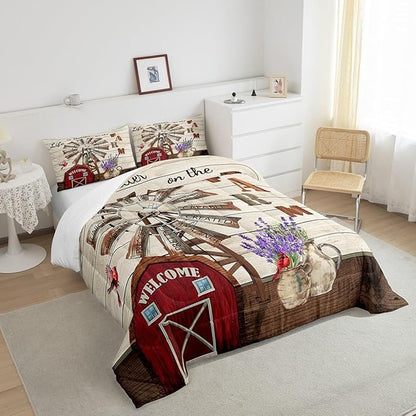 Erosebridal Western Farmhouse Quilt Bedding Sets Full Country Rustic Comforter Set for Cabin Lodge Cardinal Barn Lavender Windmill Duvet Insert Pastoral Rural Comforter 2 Pillow Cases Home Room Decor
