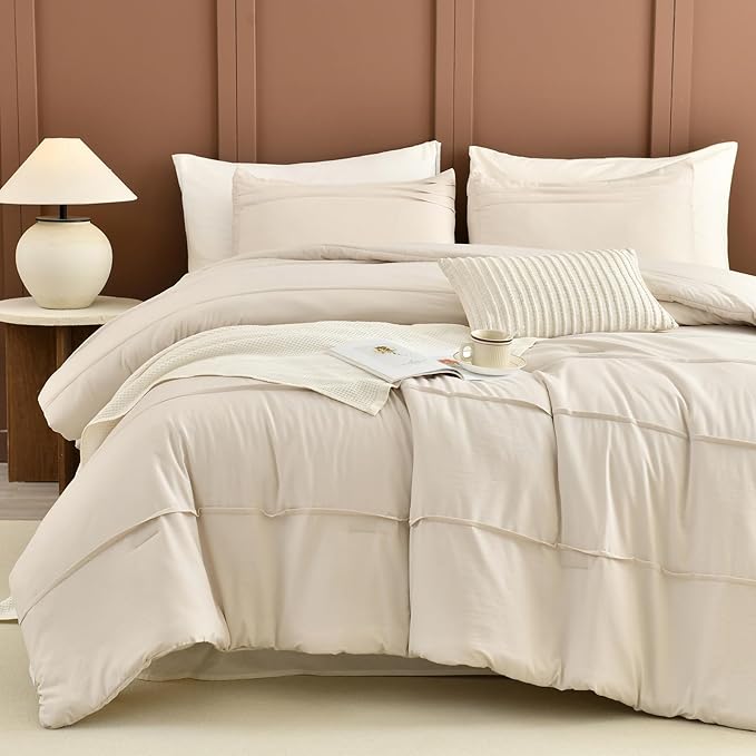 CozyTide King Size Comforter Set(106"x95"),Cotton Wheat Pinch Pleated Bedding Comforter Set,3 Pieces Lightweight Farmhouse Bobo California King Comforter for All Season