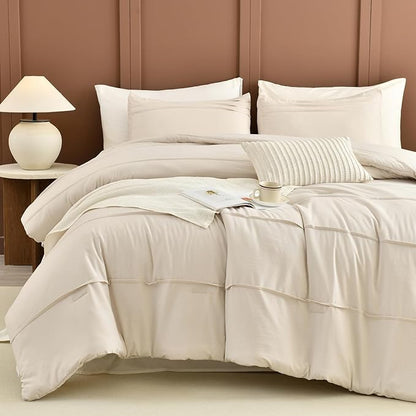 CozyTide Queen Comforter Set(90"x95"),Cotton Pinch Pleated Bedding Set,3 Pieces Soft Lightweight Farmhouse Bedding Comforter Set（1 Wheat Comforter and 2 Pillowcases）